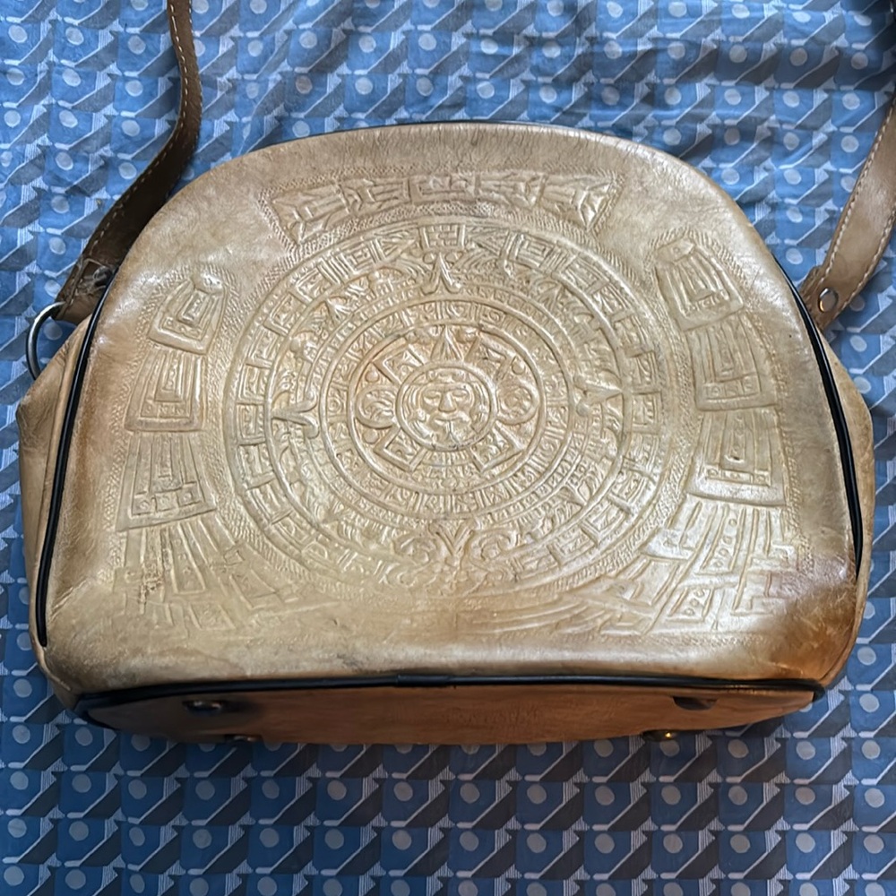 Vintage Leather Hand Tooled Purse-Mayan and Rose themes on either side